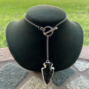 Black obsidian arrow gemstone Y shape toggle clasp in front lariat necklace